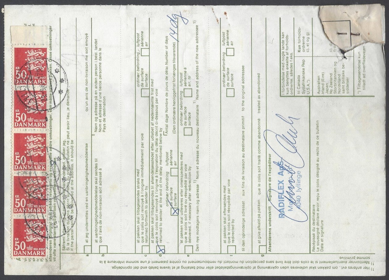AOP Denmark #720A (1946 50Kr) x 7, etc. on parcel card to India