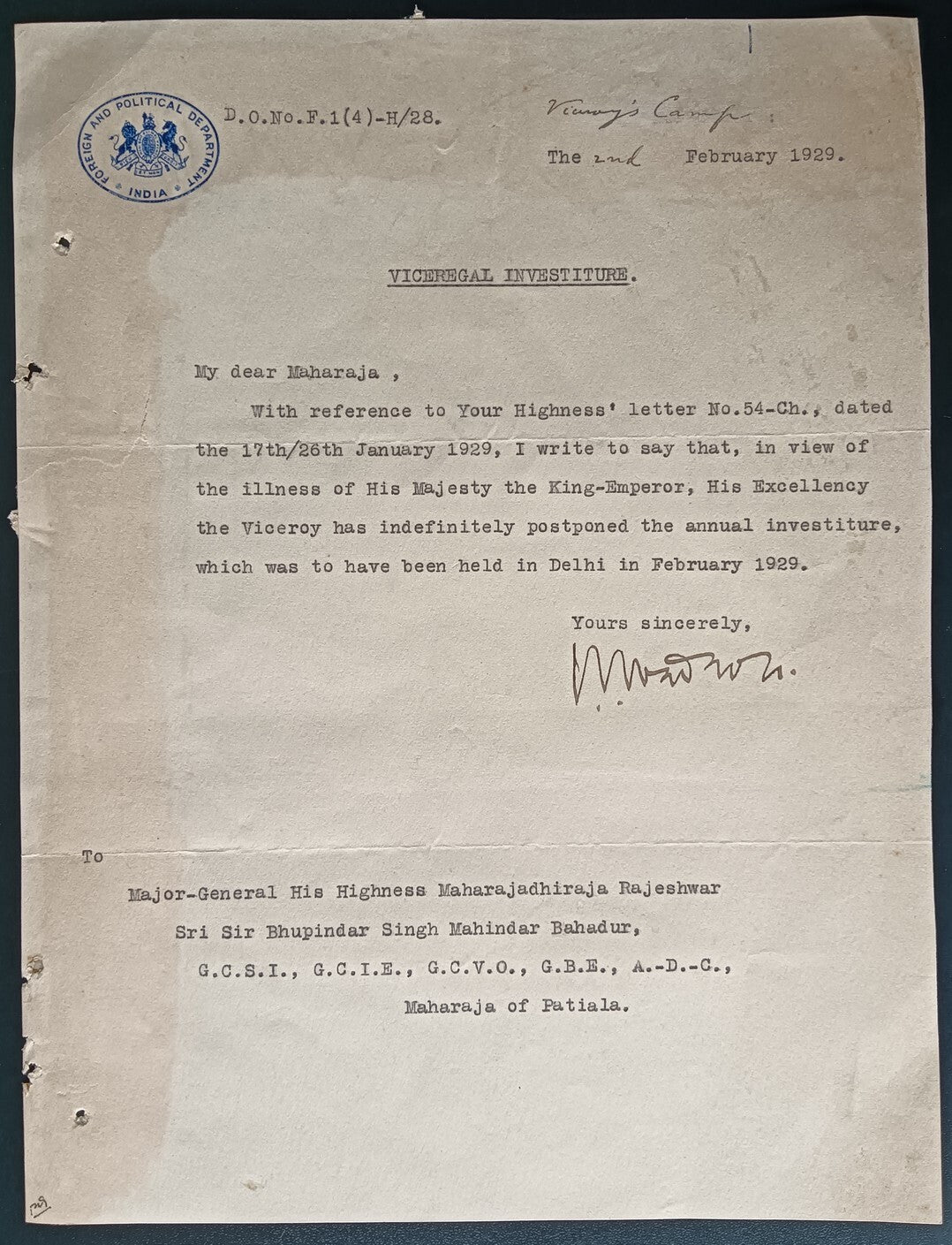 India 1929 official crested letter - VICEREGAL INVESTITURE