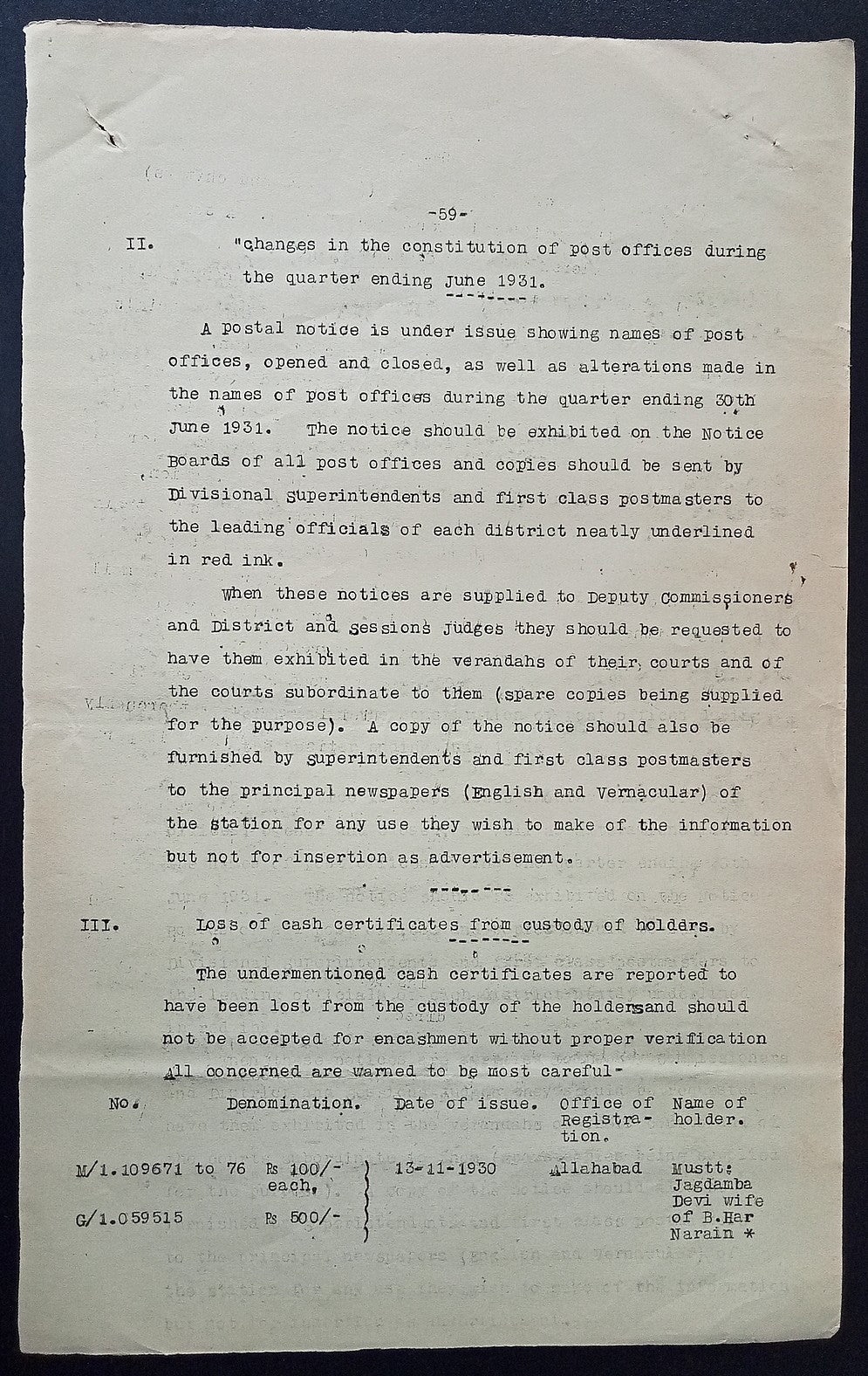 India 1931 PG'S POSTAL CIRCULAR List of convicted Postal Official & their crimes