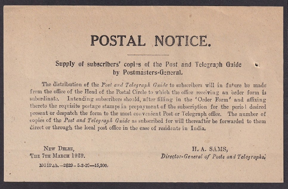 India 1929 POSTAL NOTICE : Distribution of POST & TELEGRAPH GUIDE