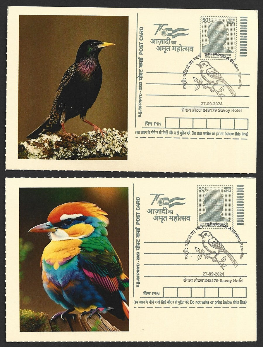India 2024 Birding Paradise Savoy Hotel postmark cards MULTICOLORED BIRDS (8)