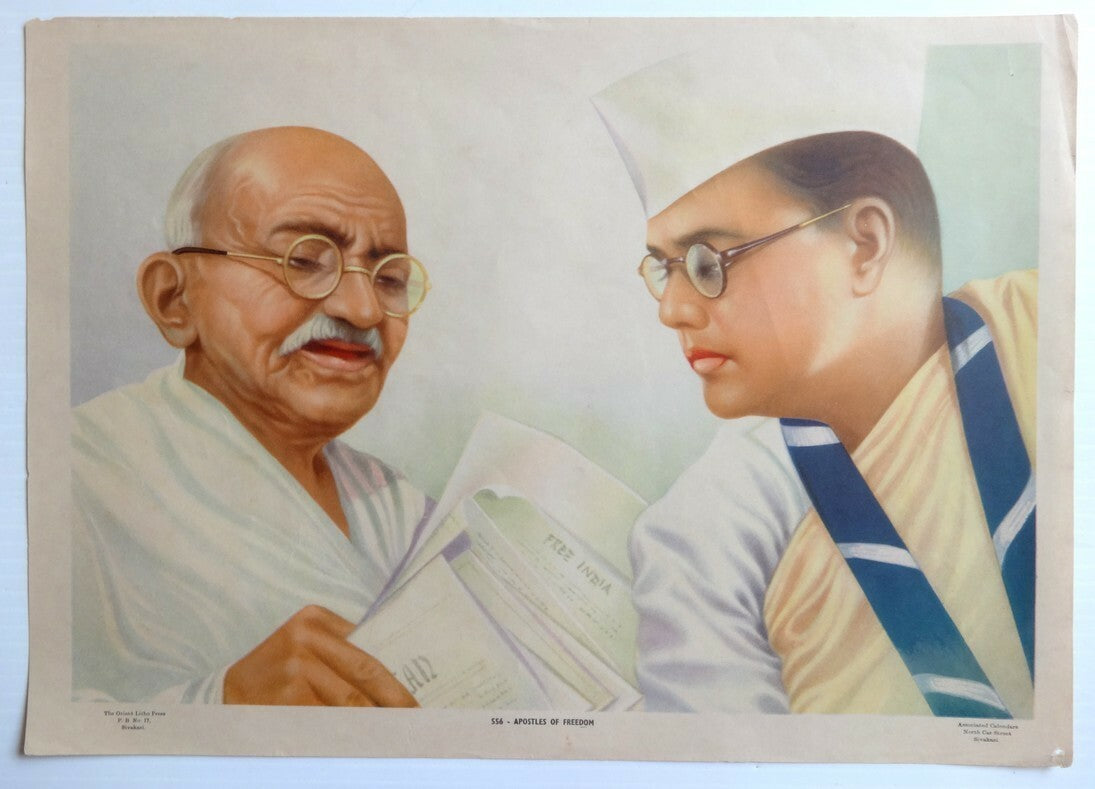 India vintage poster Apostles Gandhiji & Subhash Chandra Bose Orient Litho 10x14