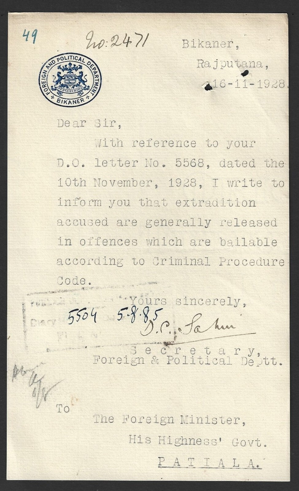 India FOREIGN & POLITICAL DEPARTMENT * BIKANER 1928 crested letter
