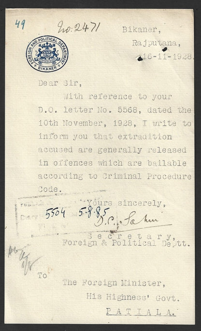 India FOREIGN & POLITICAL DEPARTMENT * BIKANER 1928 crested letter