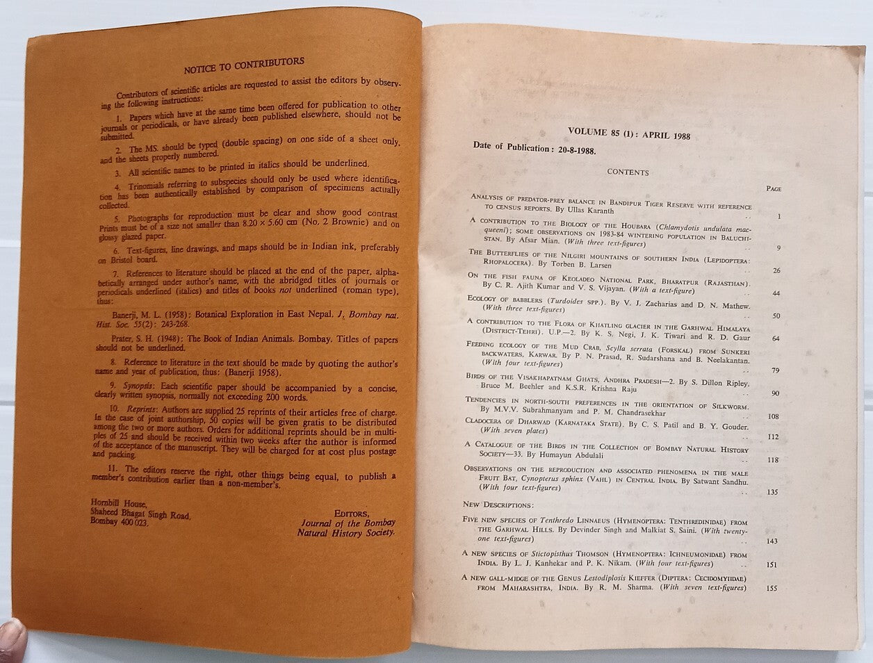 AOP India JOURNAL OF THE BOMBAY NATURAL HISTORY SOCIETY April 1988