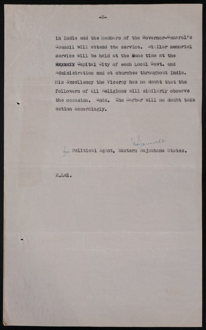 India 1936 signed Political Agent E Rajputana : KGV DEATH MOURNING INSTRUCTIONS
