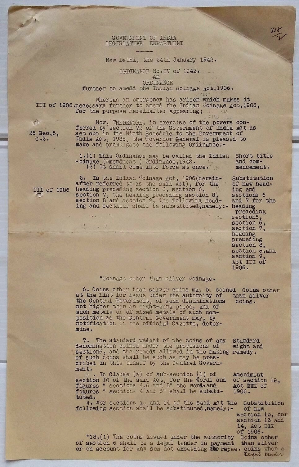 India 1942 The Indian Coinage Amendment Ordinance