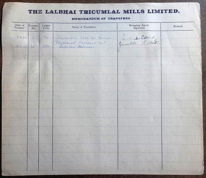 India Lalbhai Tricumlal Mills Ltd 1944 share certificate wi stamps