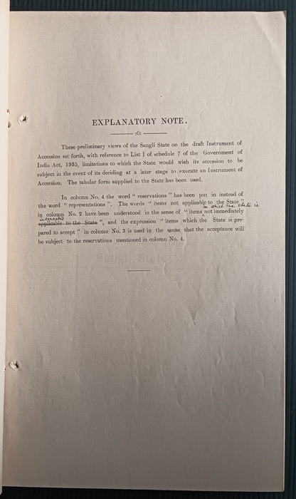 India 1937 ACCESSION Negotiations Views of SANGLI STATE 21pgs printed