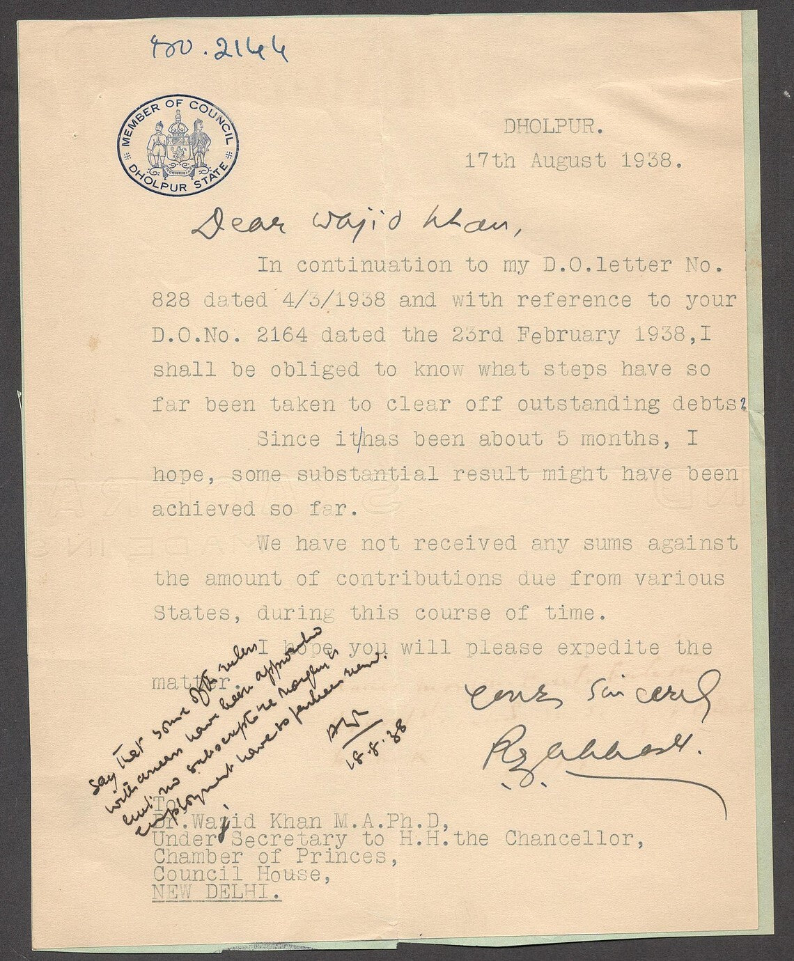 India 1938 crested letter MEMBER OF COUNCIL / DHOLPUR STATE