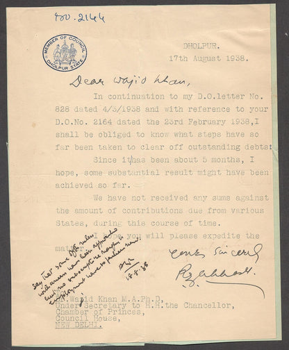 India 1938 crested letter MEMBER OF COUNCIL / DHOLPUR STATE