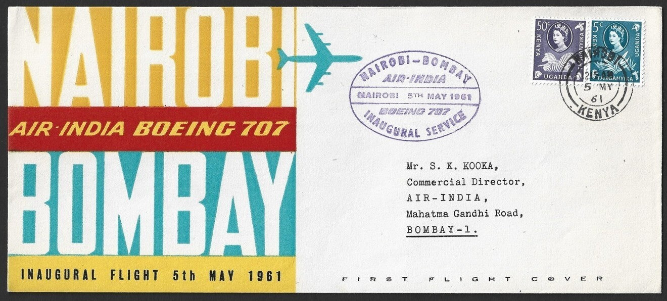 Air India 1961 Boeing 707 FFC First Flight cover NAIROBI - BOMBAY to Bobby Kooka