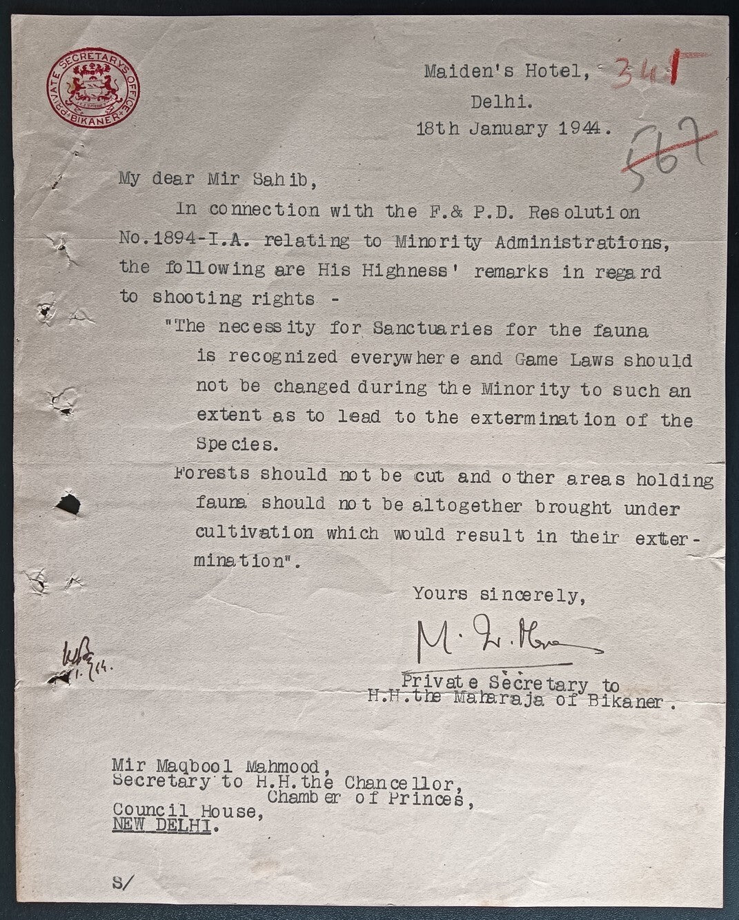 India 1942 crested letter PRIVATE SECRETARY / BIKANER signed