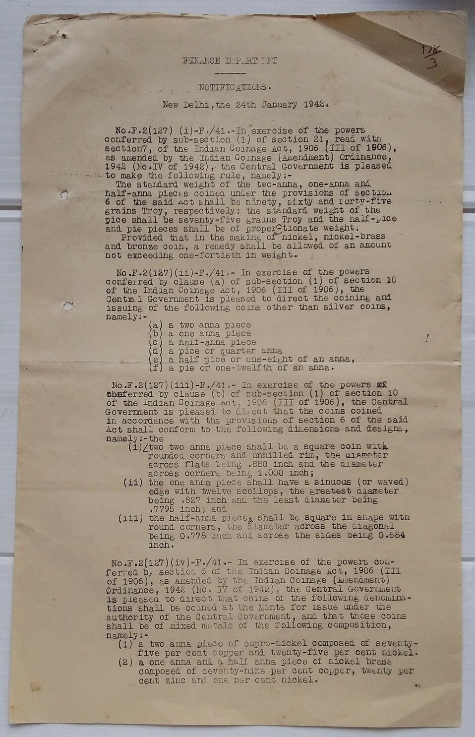 India 1942 The Indian Coinage Amendment Ordinance
