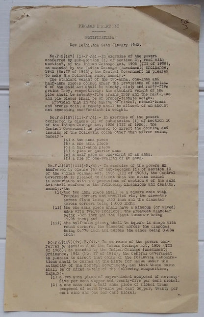 India 1942 The Indian Coinage Amendment Ordinance