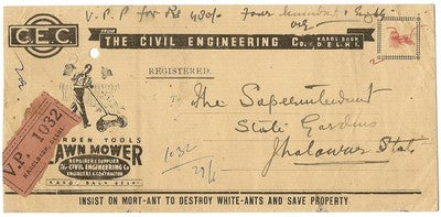 India KGVI 1946 illustrated VPP advert envelope for a lawn mower etc