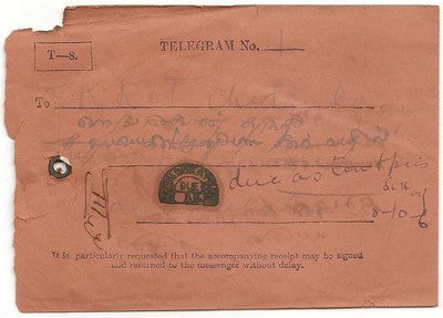 India KEdVII 1909 telegraph envelope wi contents & 10 annas 6 pies postage due.
