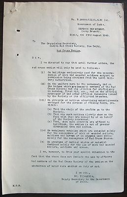 India WW2 1940 document: Use of Red Cross emblems.