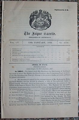 India 1934 Jaipur Gazette 26pg King Emperor Tuberculosis Fund Linlithgow appeal
