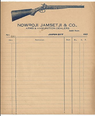 India 1930s Nowroji Jamshetji Arms Dealer Jaipur pictoral invoice.