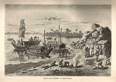 India 1876 Wood Engraving BOATS AND BOATMEN OF THE GANGES