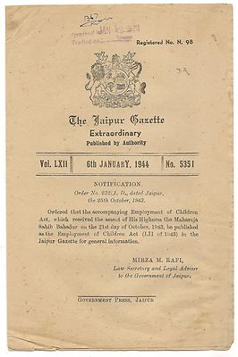 India Jaipur State 1944 Gazette with Employment of Children Act.