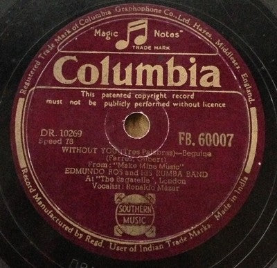 India Columbia 78rpm record Edmundo Ros COCOANUT SONG etc MADE IN INDIA