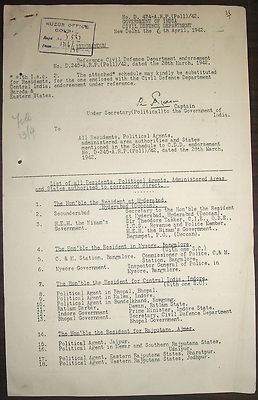 India 1942 doc containing a list of all Residents & Political Agents.