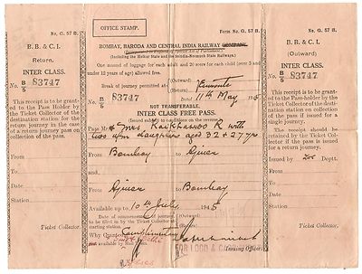 India BBCI Railway 1945 Inter Class Free Pass.