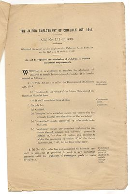 India Jaipur State 1944 Gazette with Employment of Children Act.