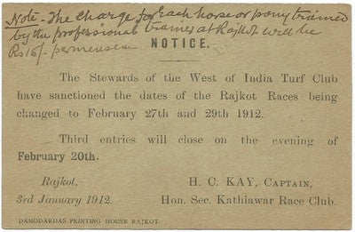 West of India Turf Club 1912 notice about Rajkot Races to the Ruler of Jasdan