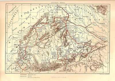 India 1876 Wood Engraving MAP OF CENTRAL INDIA